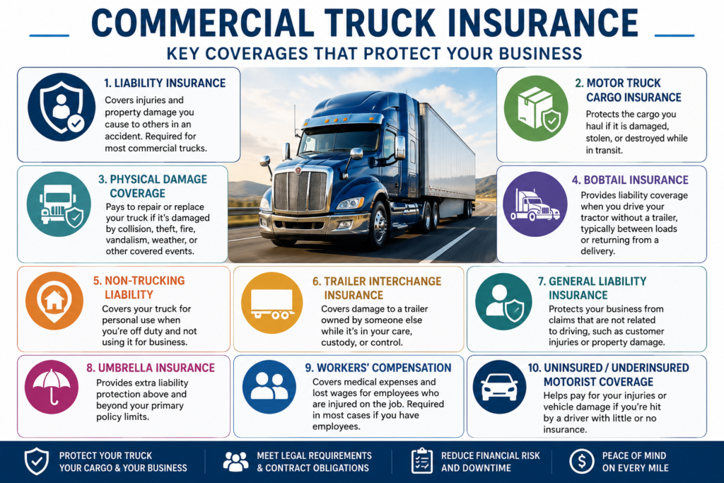 Commercial truck insurance coverage infographic showing liability insurance, physical damage, cargo insurance, bobtail insurance, trailer interchange, general liability, umbrella insurance, and workers' compensation.