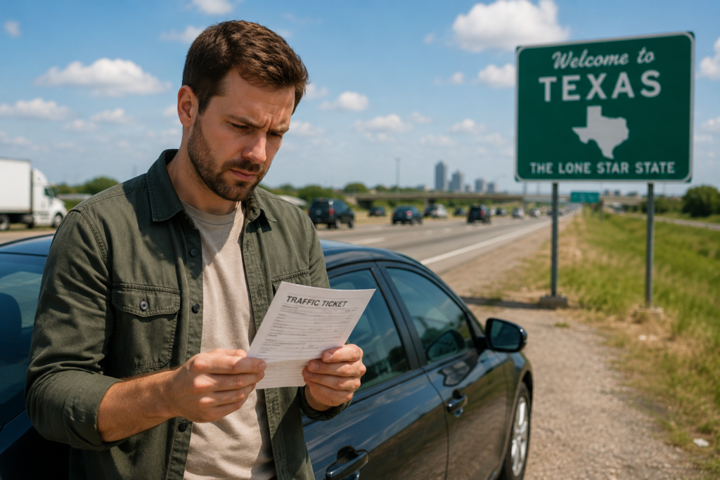 Driver reviewing a traffic ticket in Texas before checking car insurance options.
